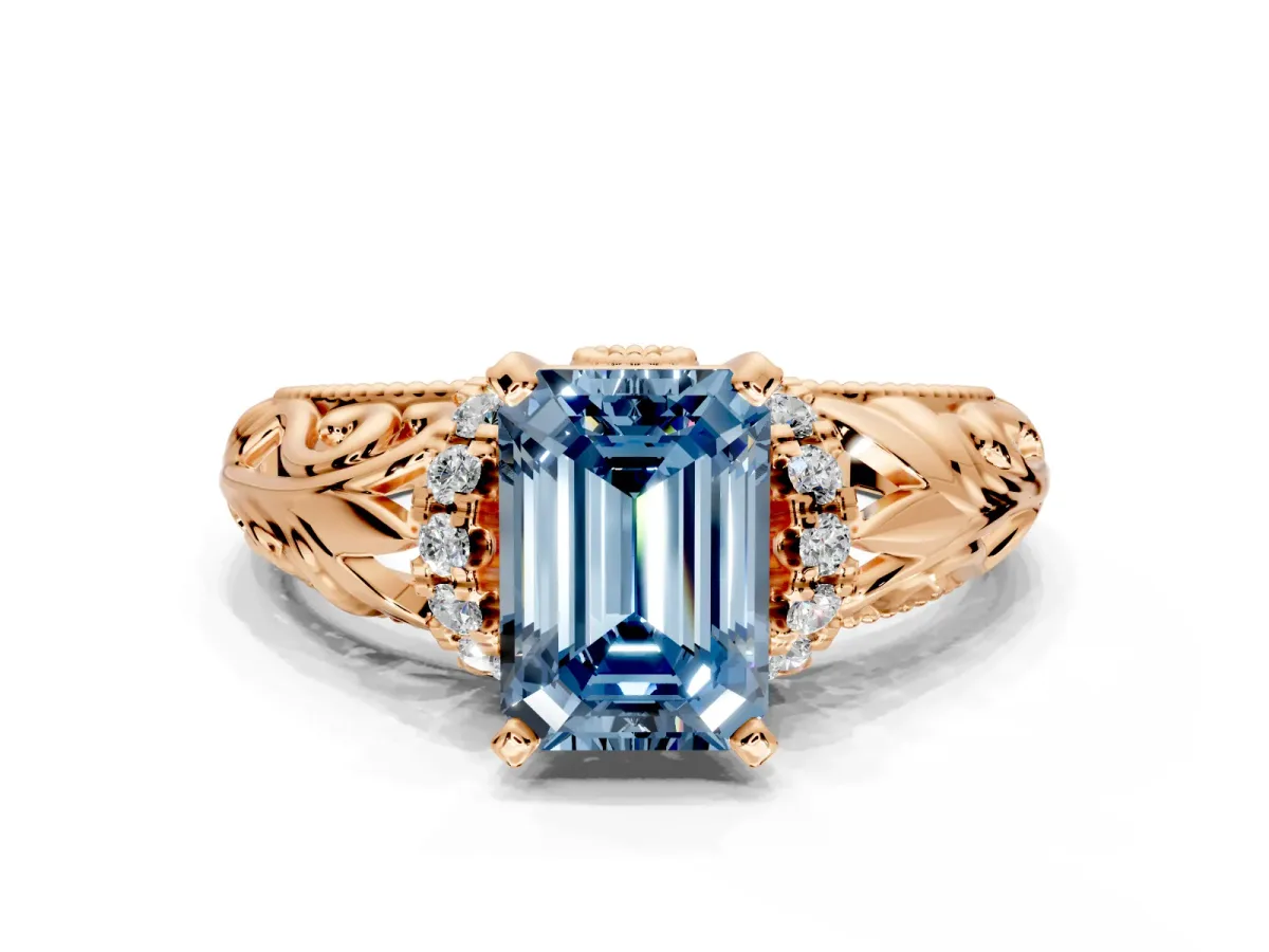 Solitaire Engagement Ring Setting for Fancy Blue Emerald Cut Center with Filigree Accent Basket and Prong Head in Rose Gold