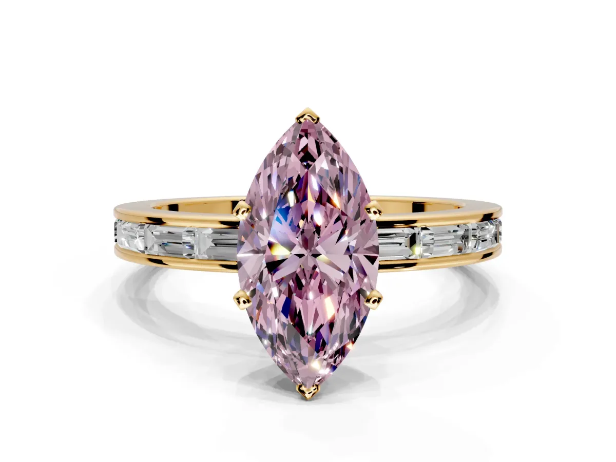 Solitaire Engagement Ring Setting for Fancy Pink Marquise Center with Channel Baguette Band and Prong Head in Yellow Gold