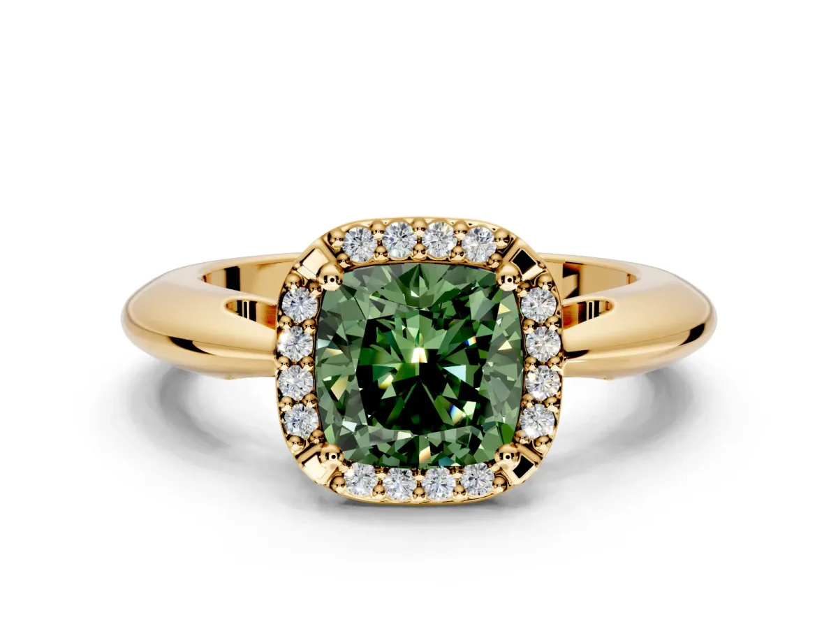 Halo Engagement Ring Setting for Fancy Green Cushion Cut Center with Tapered Plain Band and Prong Head in Yellow Gold
