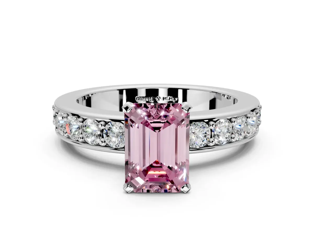 Solitaire Engagement Ring Setting for Fancy Pink Emerald Cut Center with Channel-Set Accents and Prong Head in Platinum