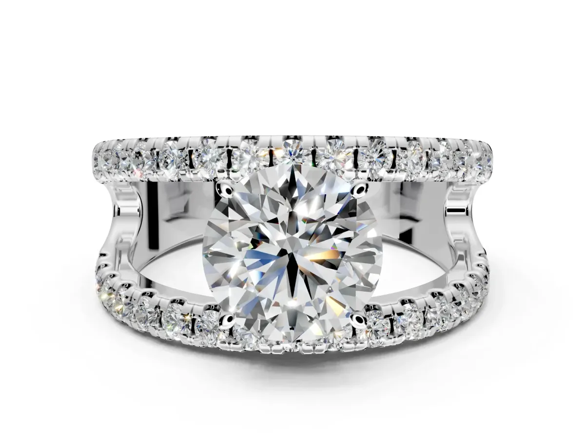 Solitaire Engagement Ring Setting for Round Cut Center with Wide-Open Split Shank and Prong Head in Platinum