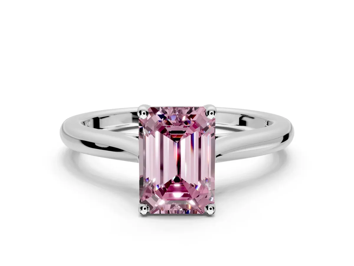 Solitaire Engagement Ring Setting for Fancy Pink Emerald Cut Center with Narrow Cathedral Band and Prong Head in Sterling Silver