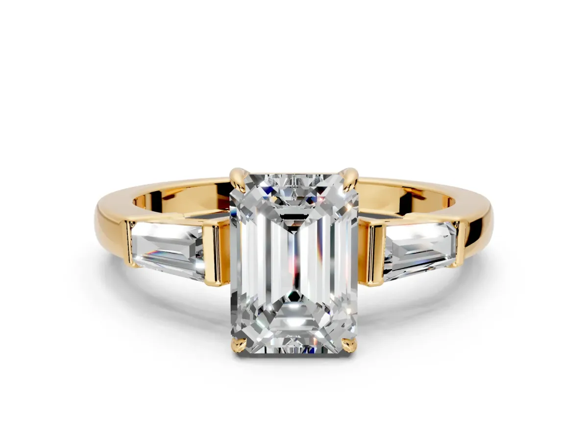 3 Stone Engagement Ring Setting for Emerald Cut Center with Baguette Accents and Prong Head in Yellow Gold