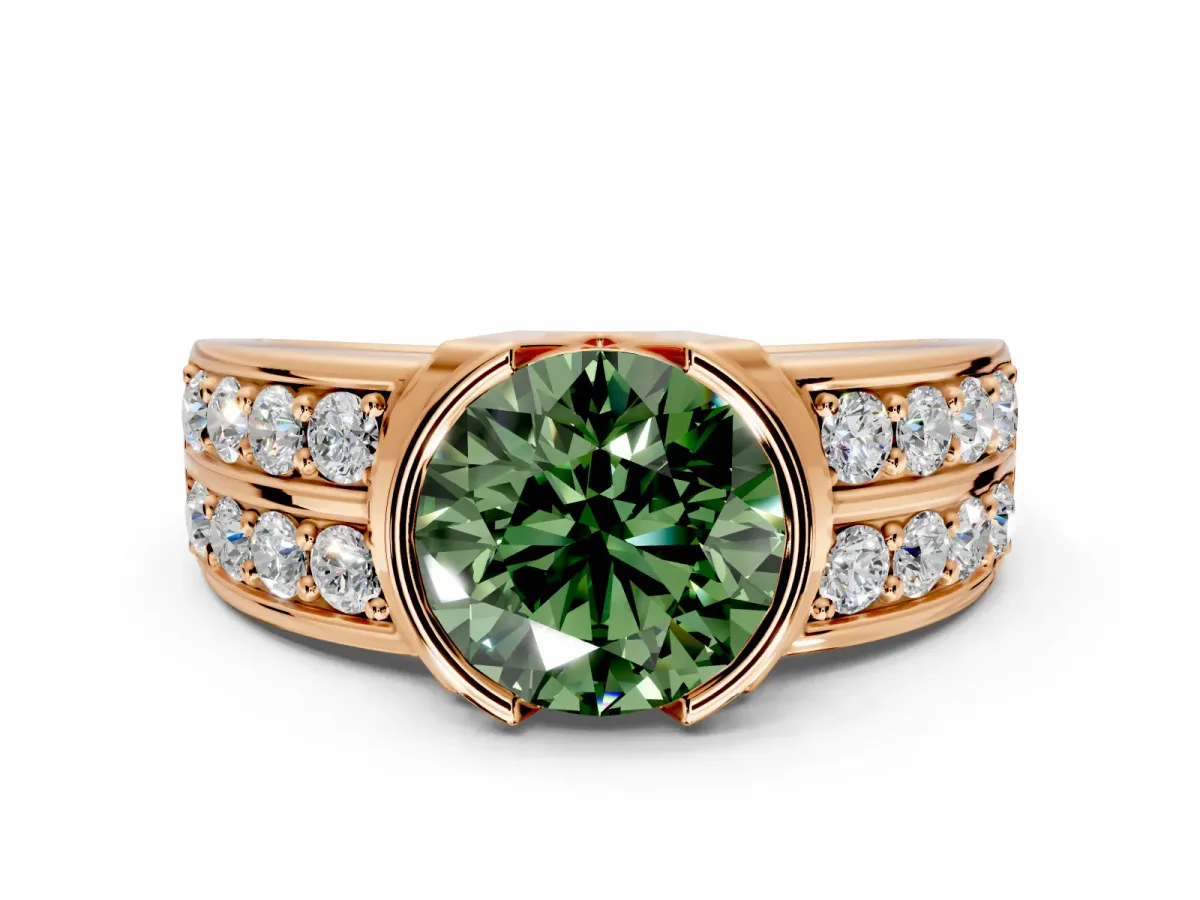 Bezel Engagement Ring Setting for Fancy Green Round Cut Center with Wide Channel-Set Band and Bezel Head in Rose Gold