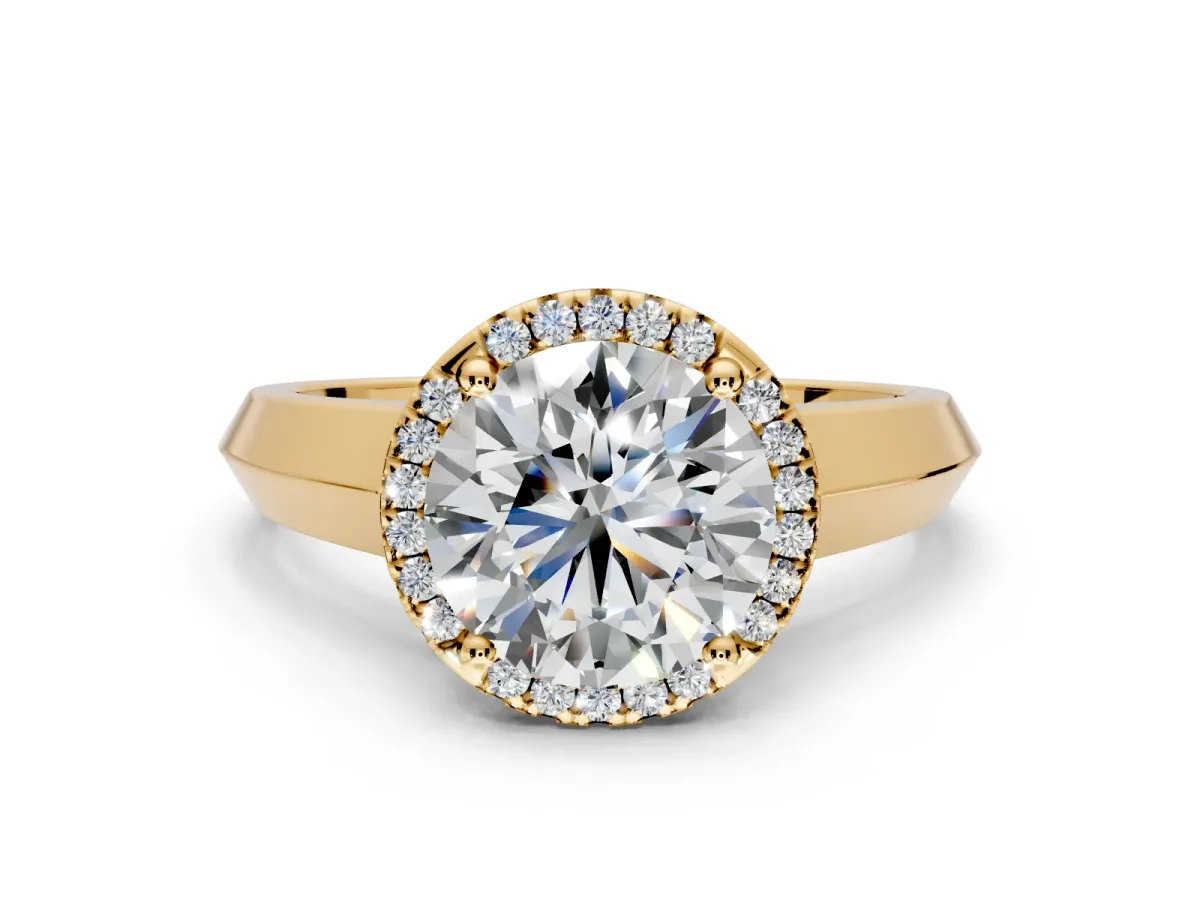 Halo Engagement Ring Setting for Round Cut Center with Knife Ridge Cathedral Band and Prong Head in Yellow Gold