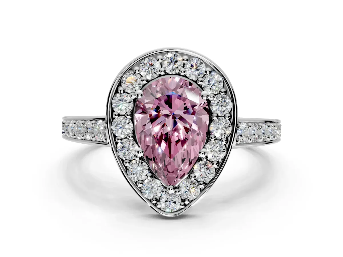 Bezel-Framed Halo Engagement Ring Setting for Fancy Pink Pear-Shaped Center with Pave Band and Prong Head in White Gold