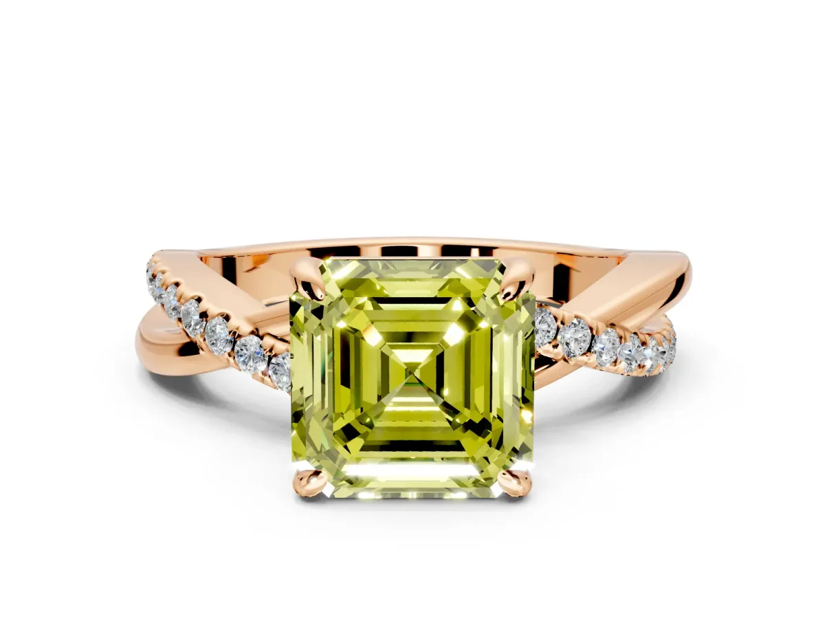 Solitaire Engagement Ring Setting for Fancy Yellow Asscher Cut Center with Half-Pave Crossover Band and Prong Head in Rose Gold