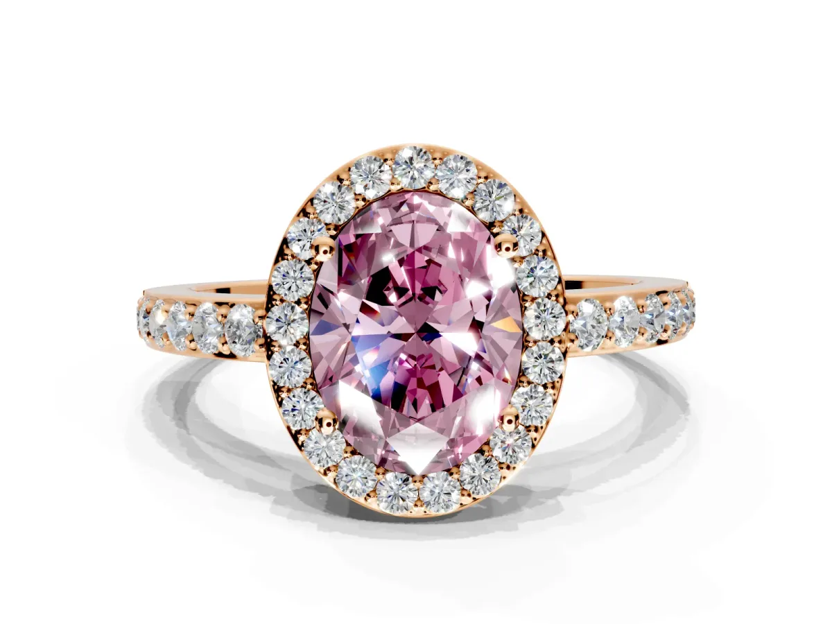 Halo Engagement Ring Setting for Fancy Pink Oval Center with Heart-Shaped Openwork, Pave Band and Prong Head in Rose Gold