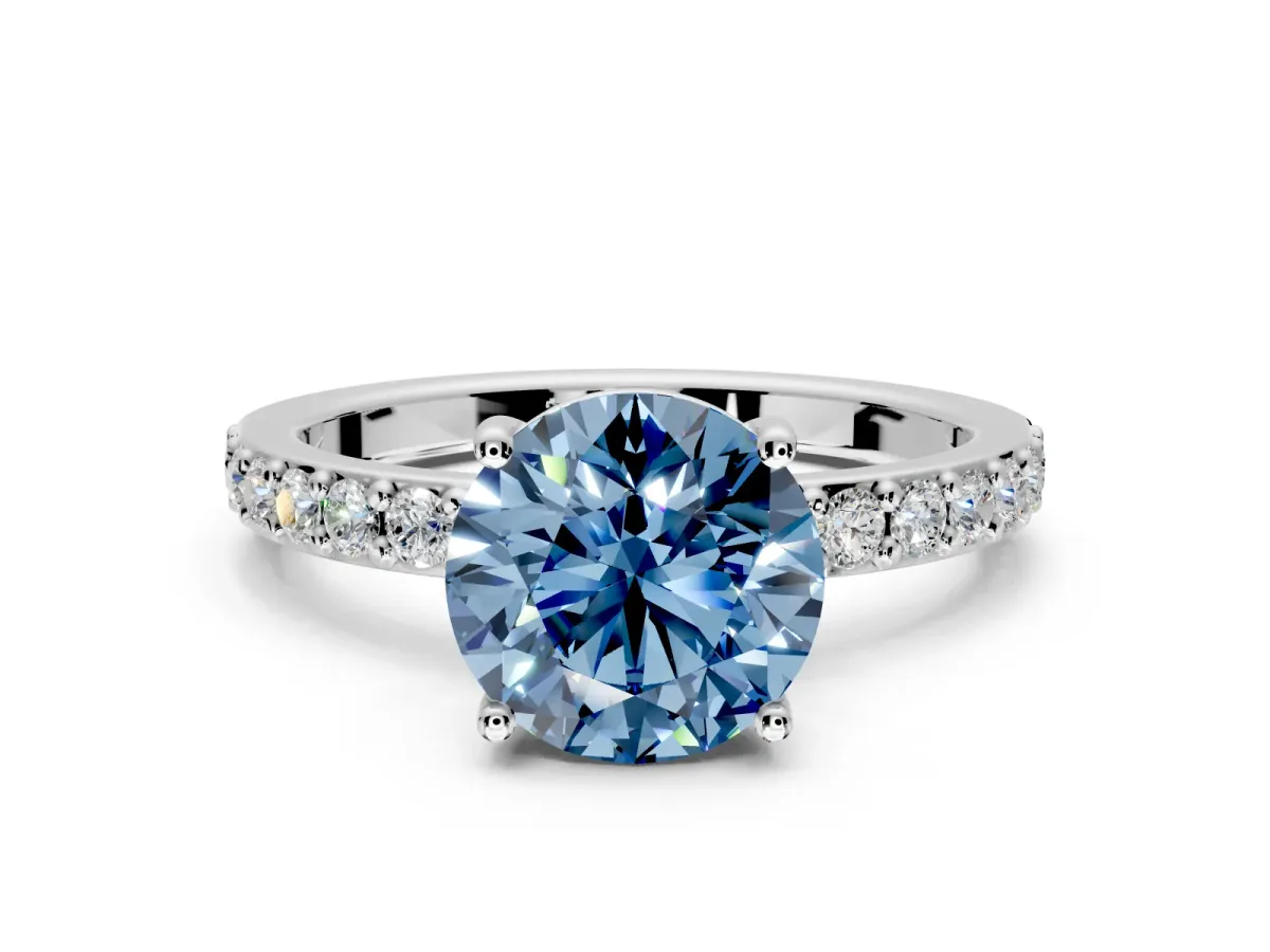 Solitaire Engagement Ring Setting for Fancy Blue Round Cut Center with Round Cut Pave Band and Prong Head in Sterling Silver