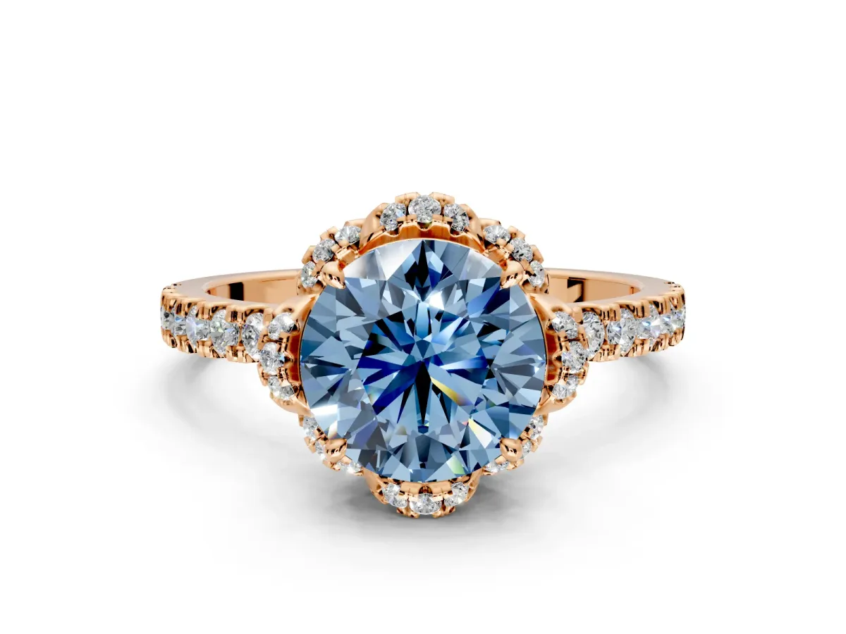 Halo Engagement Ring Setting for Fancy Blue Round Cut Center with Openwork Halo, Pave Band and Prong Head in Rose Gold