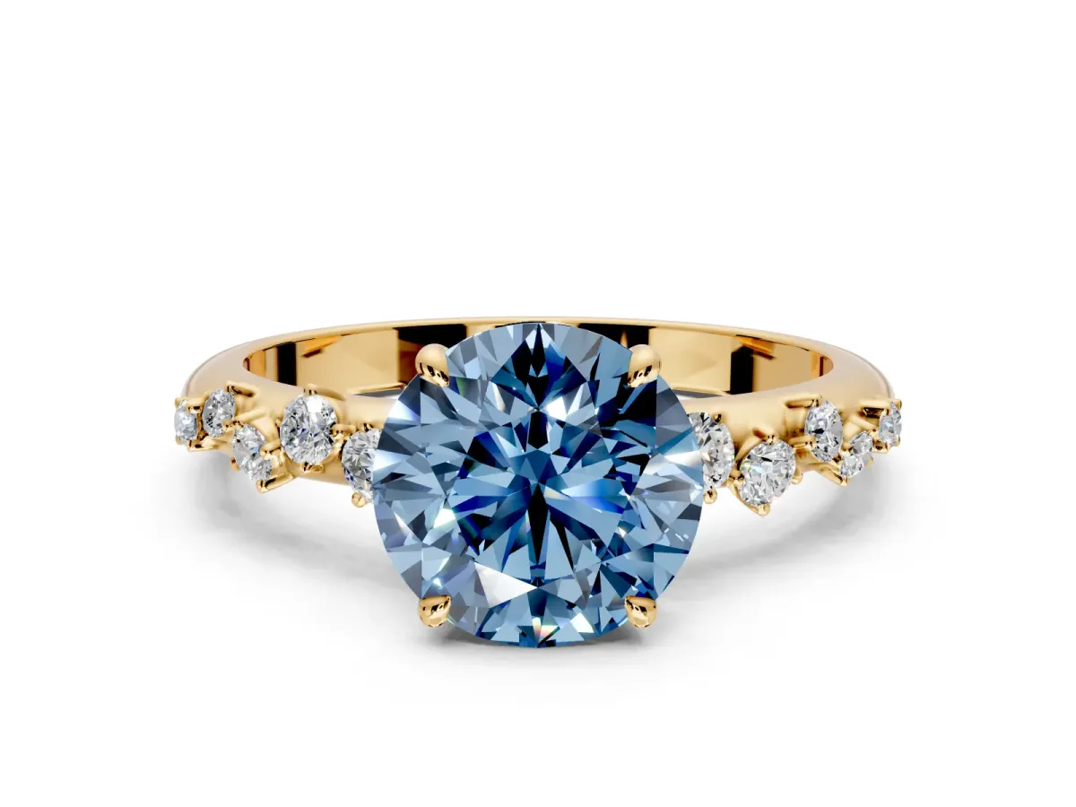 Cluster Engagement Ring Setting for Fancy Blue Round Cut Center with Round Cut Accent Band and Prong Head in Yellow Gold