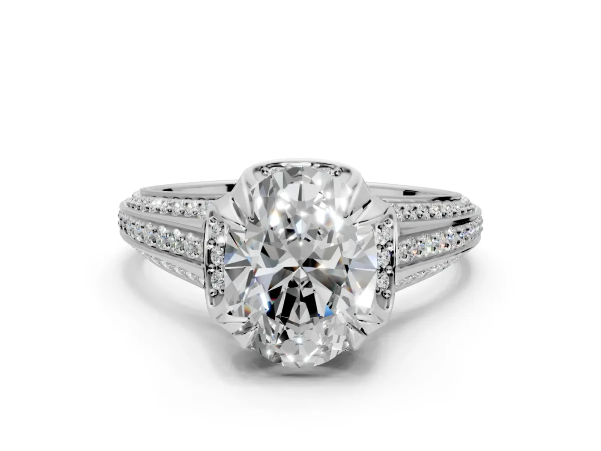 Solitaire Engagement Ring Setting for Oval Center with Accented Split Shank and Prong Head in Platinum