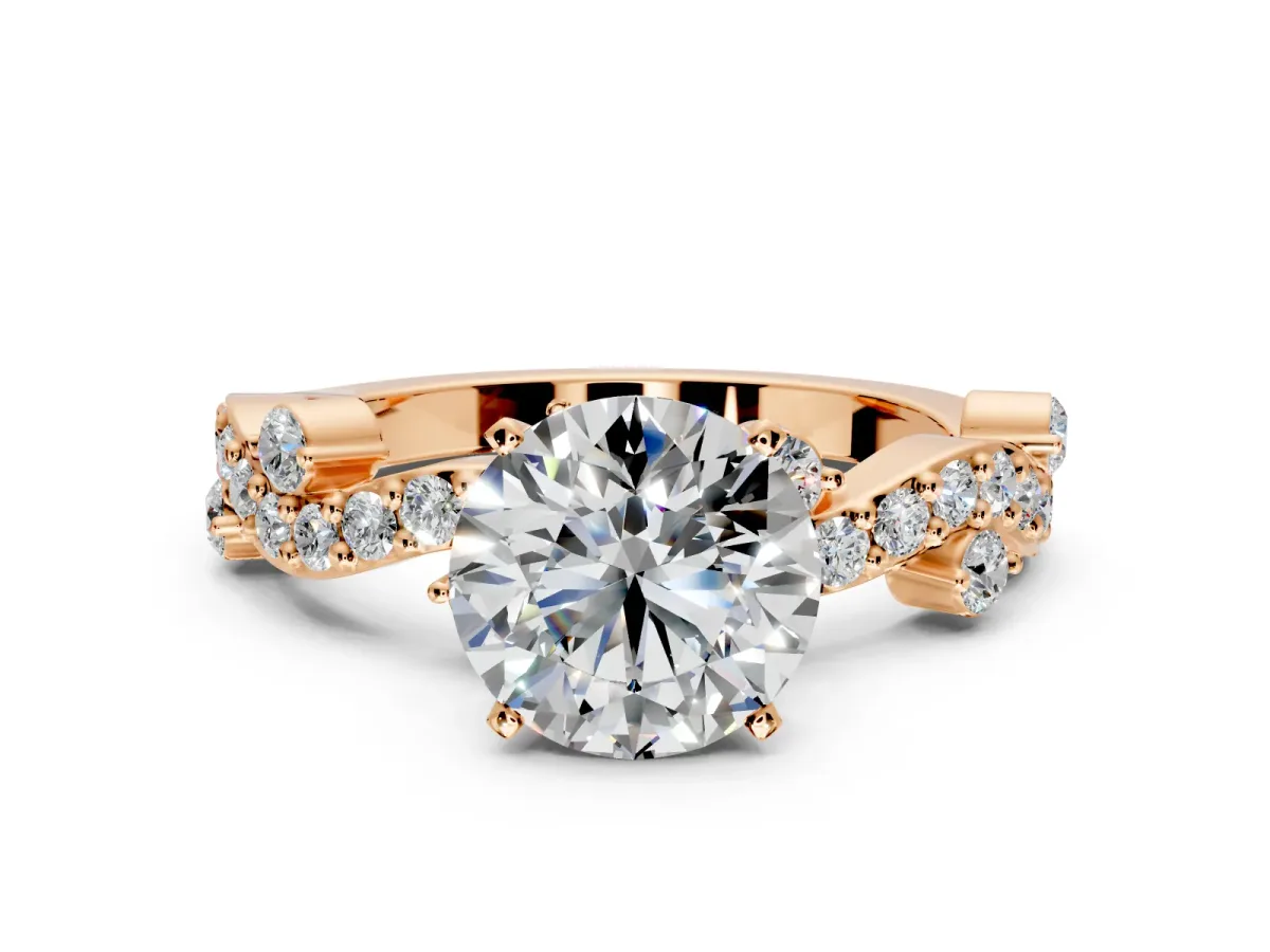 Solitaire Engagement Ring Setting for Round Cut Center with Bar-Station Pave Twist and Prong Head in Rose Gold