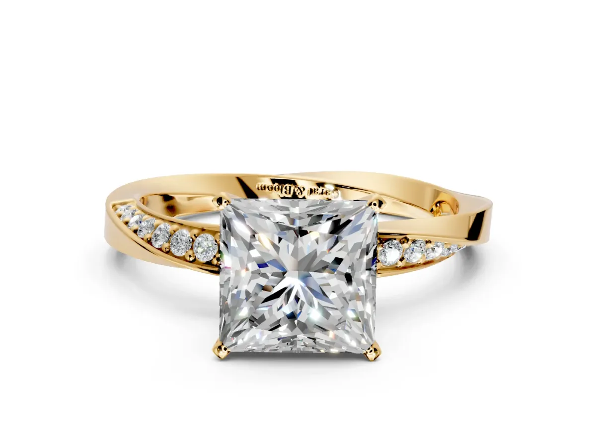 Side Accent Engagement Ring Setting for Princess Cut Center with Accent Shoulders and Prong Head in Yellow Gold