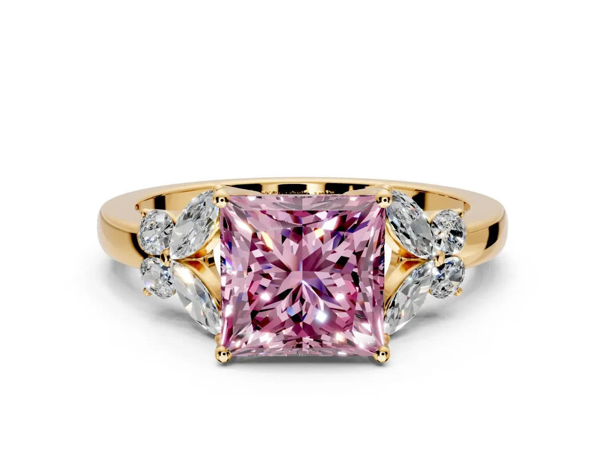 Solitaire Engagement Ring Setting for Fancy Pink Princess Cut Center with Marquise Flower Shoulders and Prong Head in Yellow Gold