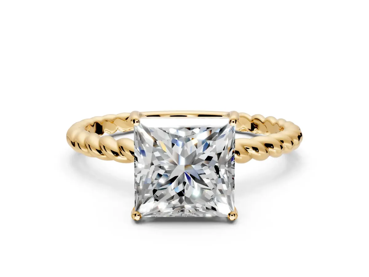 Solitaire Engagement Ring Setting for Princess Cut Center with Plain Twisted Rope Band and Prong Head in Yellow Gold