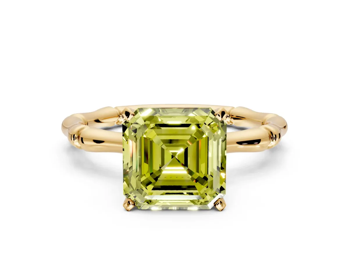 Solitaire Engagement Ring Setting for Fancy Yellow Asscher Cut Center with Bamboo Band and Prong Head in Yellow Gold