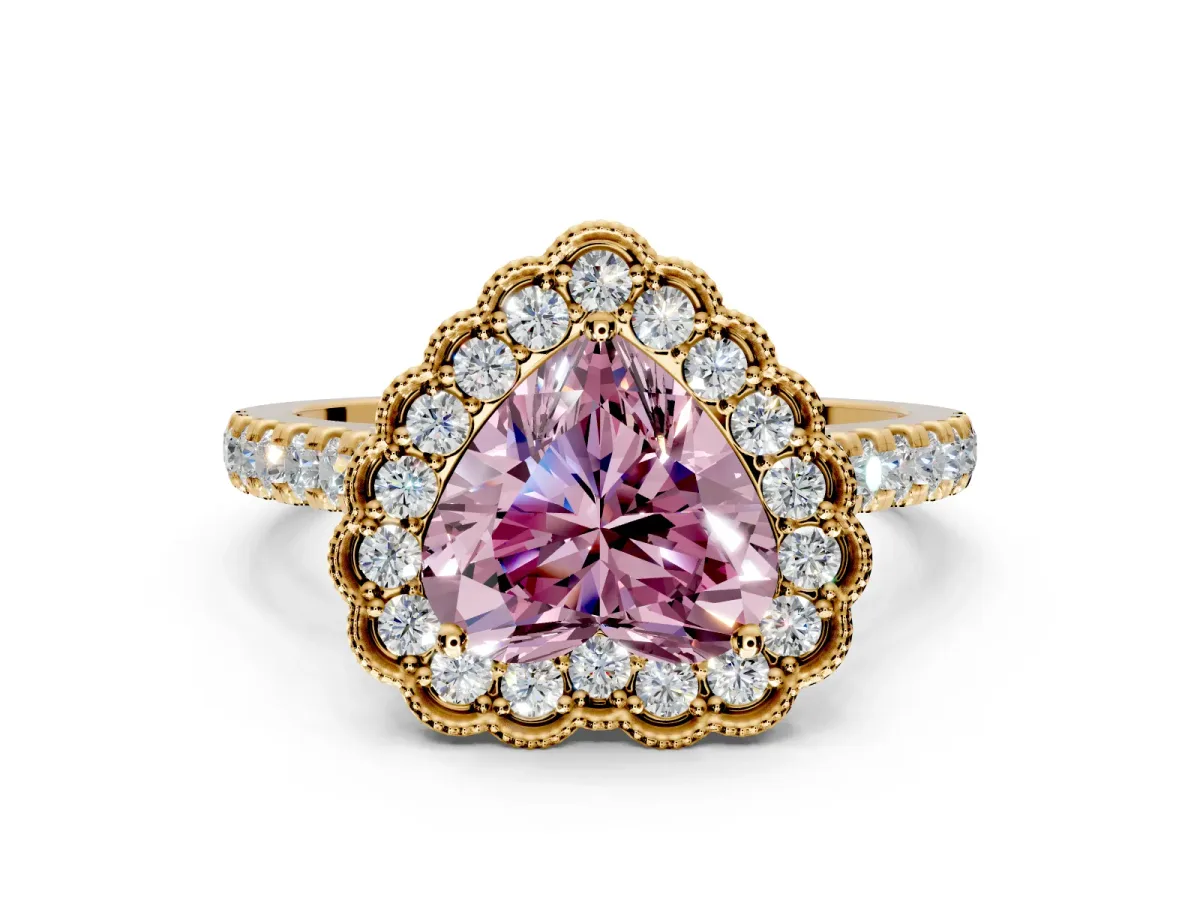Milgrain Floral Halo Engagement Ring Setting for Fancy Pink Heart-Shaped Center with Pave Band and Prong Head in Yellow Gold