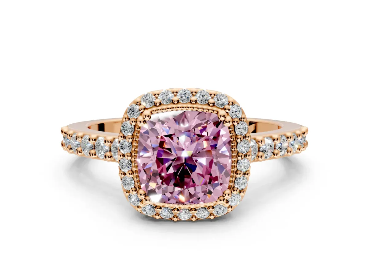 Halo Engagement Ring Setting for Fancy Pink Cushion Cut Center with Inner Milgrain Border and Prong Head in Rose Gold