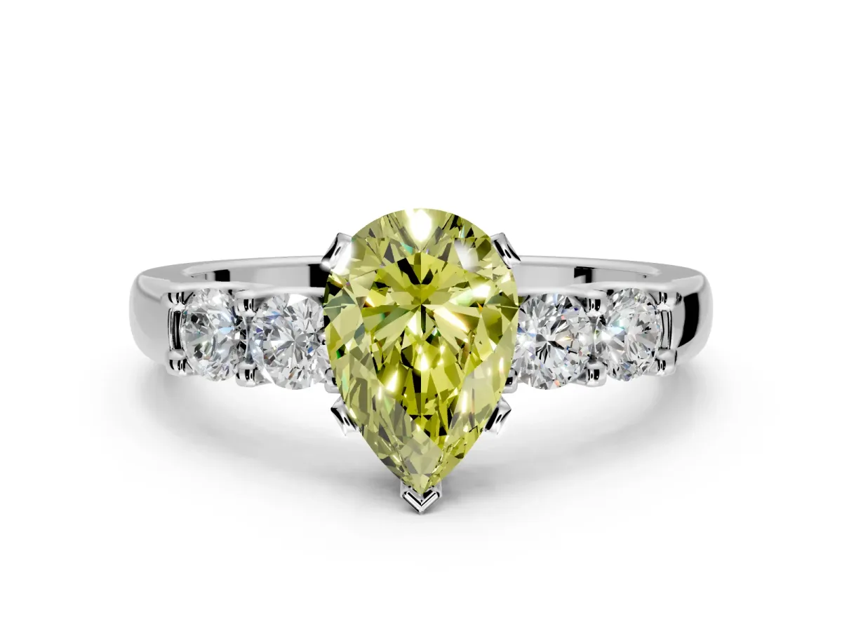 5 Stone Engagement Ring Setting for Fancy Yellow Pear-Shaped Center with Plain Band and Prong Head in Platinum