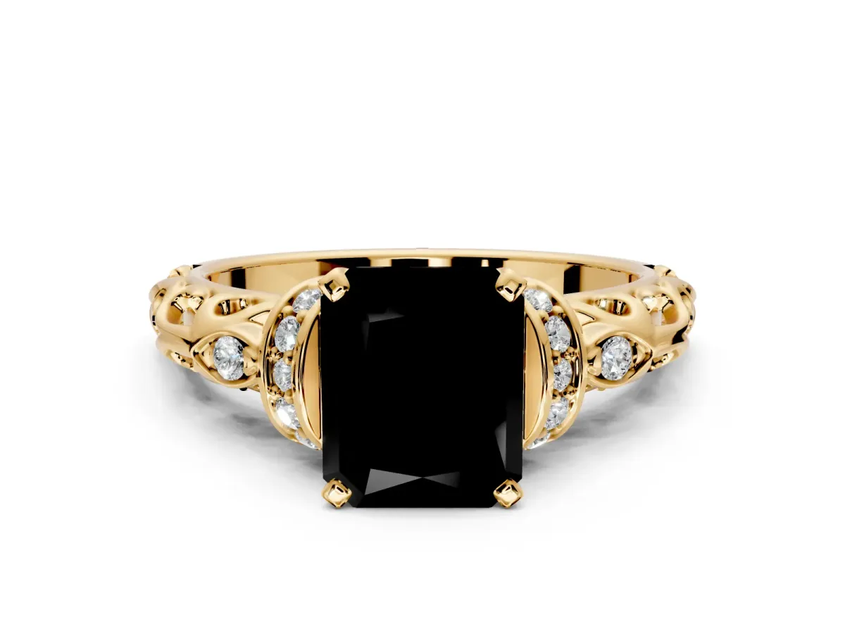 Solitaire Engagement Ring Setting for Fancy Black Radiant Cut Center with Filigree Band and Prong Head in Yellow Gold
