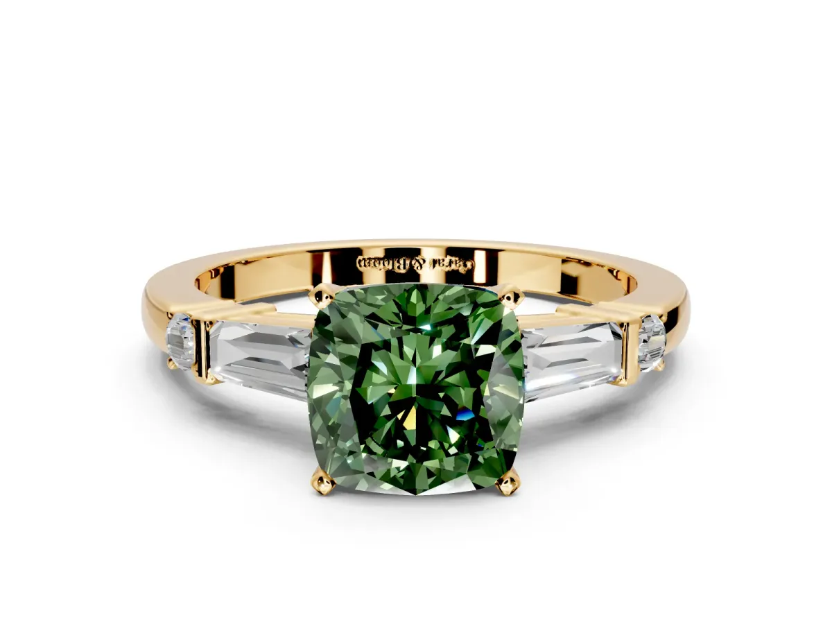 Bar-Set Engagement Ring Setting for Fancy Green Cushion Cut Center with Tapered Baguette Accents and Prong Head in Yellow Gold