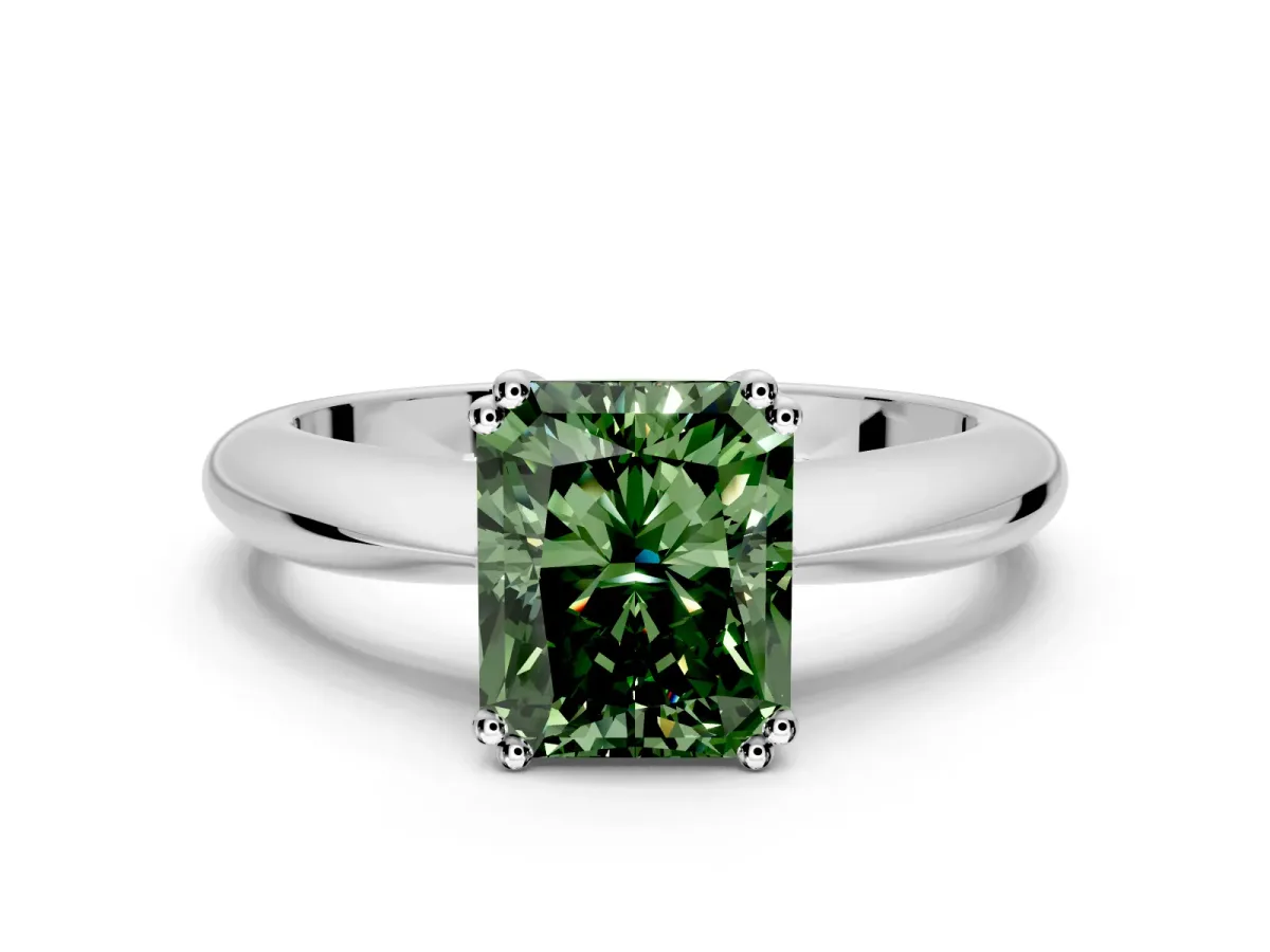 Solitaire Engagement Ring Setting for Fancy Green Radiant Cut Center with Reverse Tapered Band and Prong Head in Sterling Silver