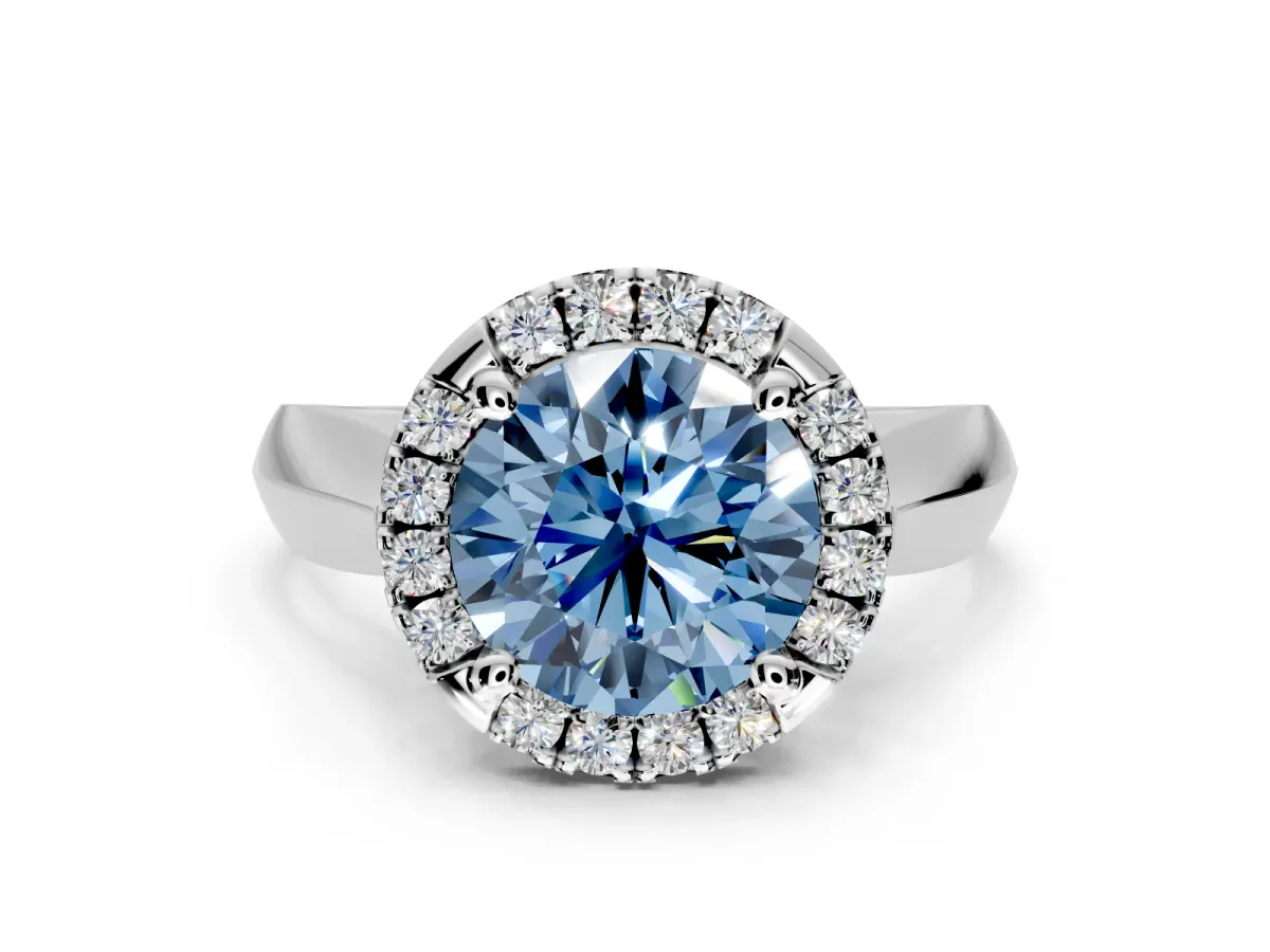 Halo Engagement Ring Setting for Fancy Blue Round Cut Center with Square Band and Prong Head in Platinum