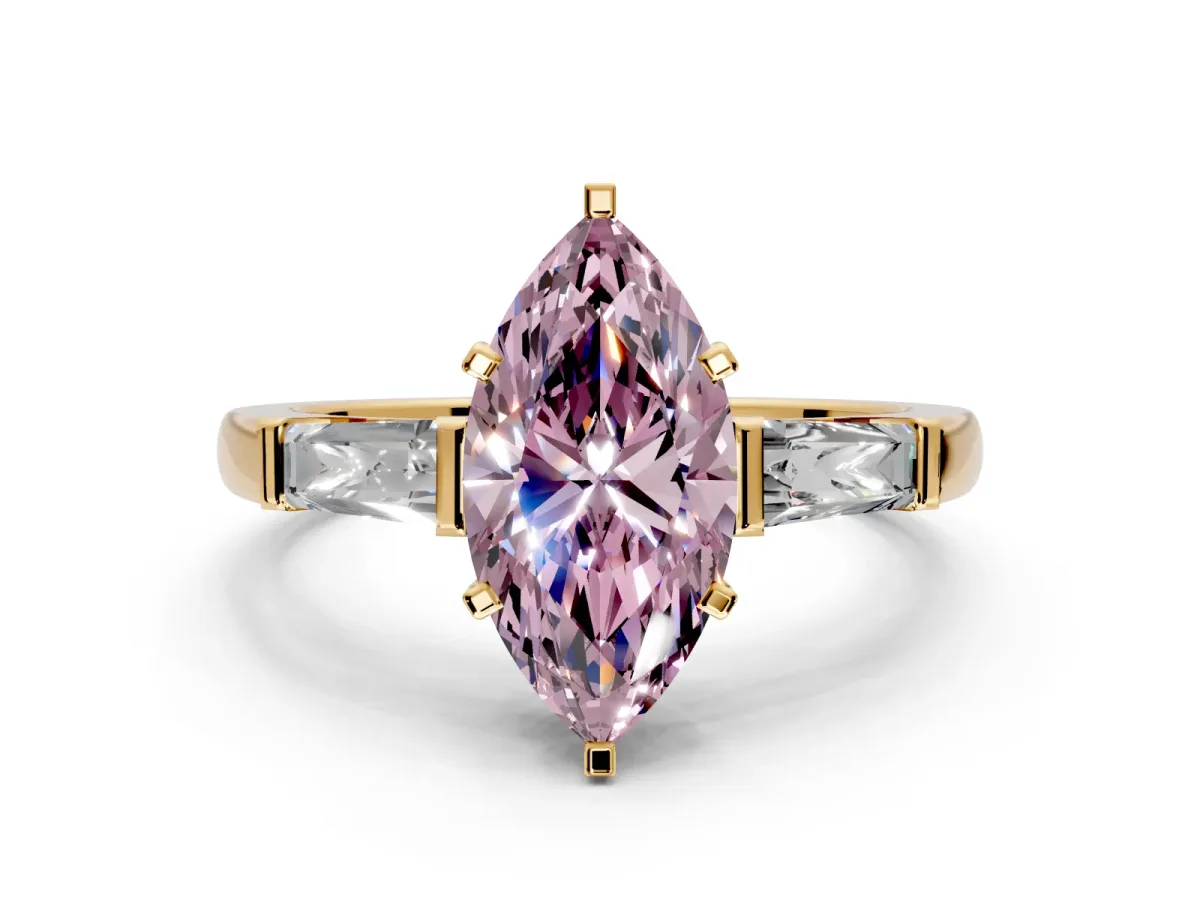3 Stone Engagement Ring Setting for Fancy Pink Marquise Center with Tapered Baguettes, Plain Band and Prong Head in Yellow Gold
