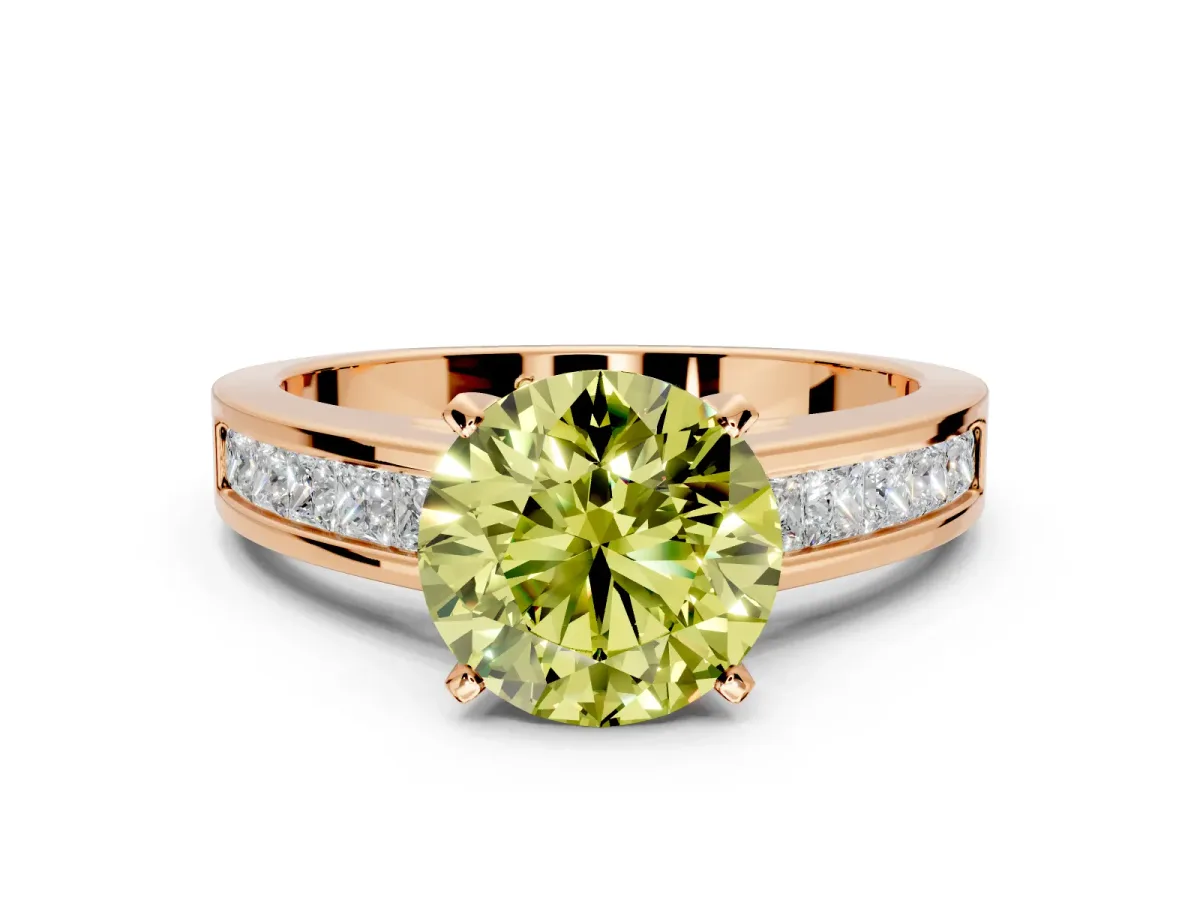 Solitaire Engagement Ring Setting for Fancy Yellow Round Cut Center with Princess Cut Channel Band and Prong Head in Rose Gold