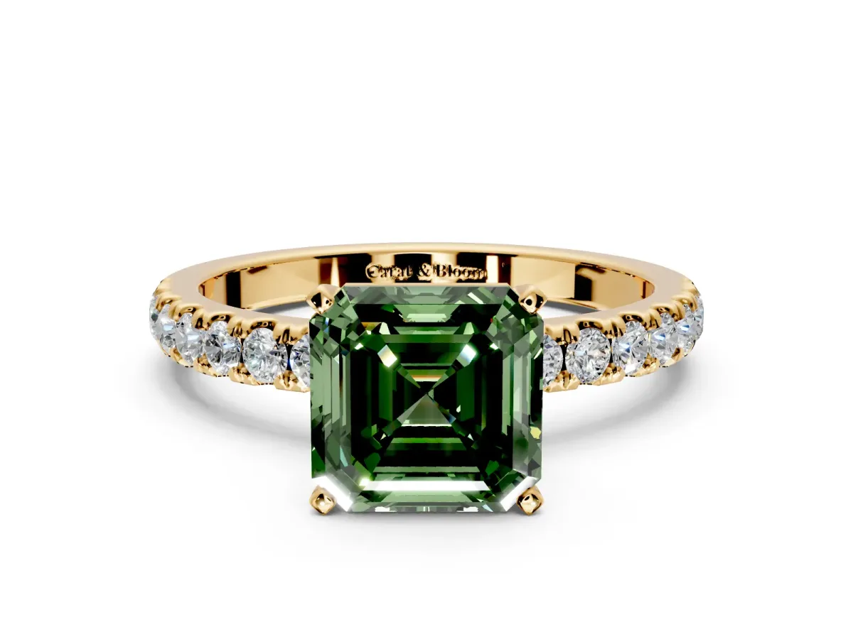 Open Basket Engagement Ring Setting for Fancy Green Asscher Cut Center with Pave Band and Prong Head in Yellow Gold