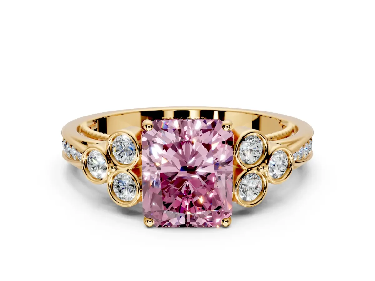 Cluster Engagement Ring Setting for Fancy Pink Radiant Cut Center with Bezel Accent Clusters and Prong Head in Yellow Gold
