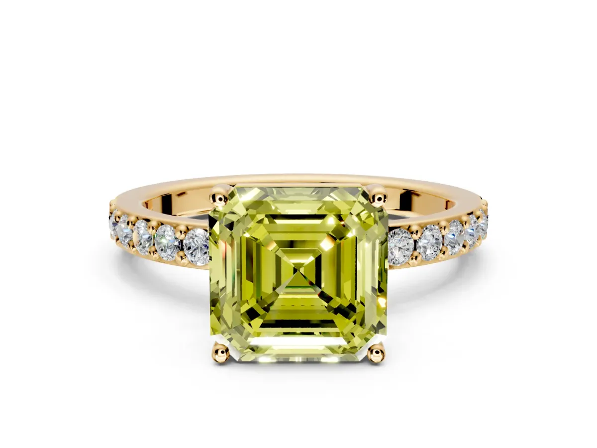 Solitaire Engagement Ring Setting for Fancy Yellow Asscher Cut Center with Round Cut Pave Band and Prong Head in Yellow Gold