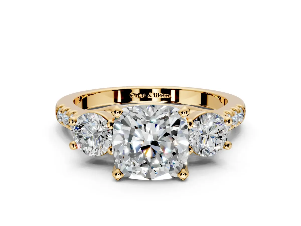 3 Stone Engagement Ring Setting for Cushion Cut Center with Crossover Basket, Pave Band and Prong Head in Yellow Gold