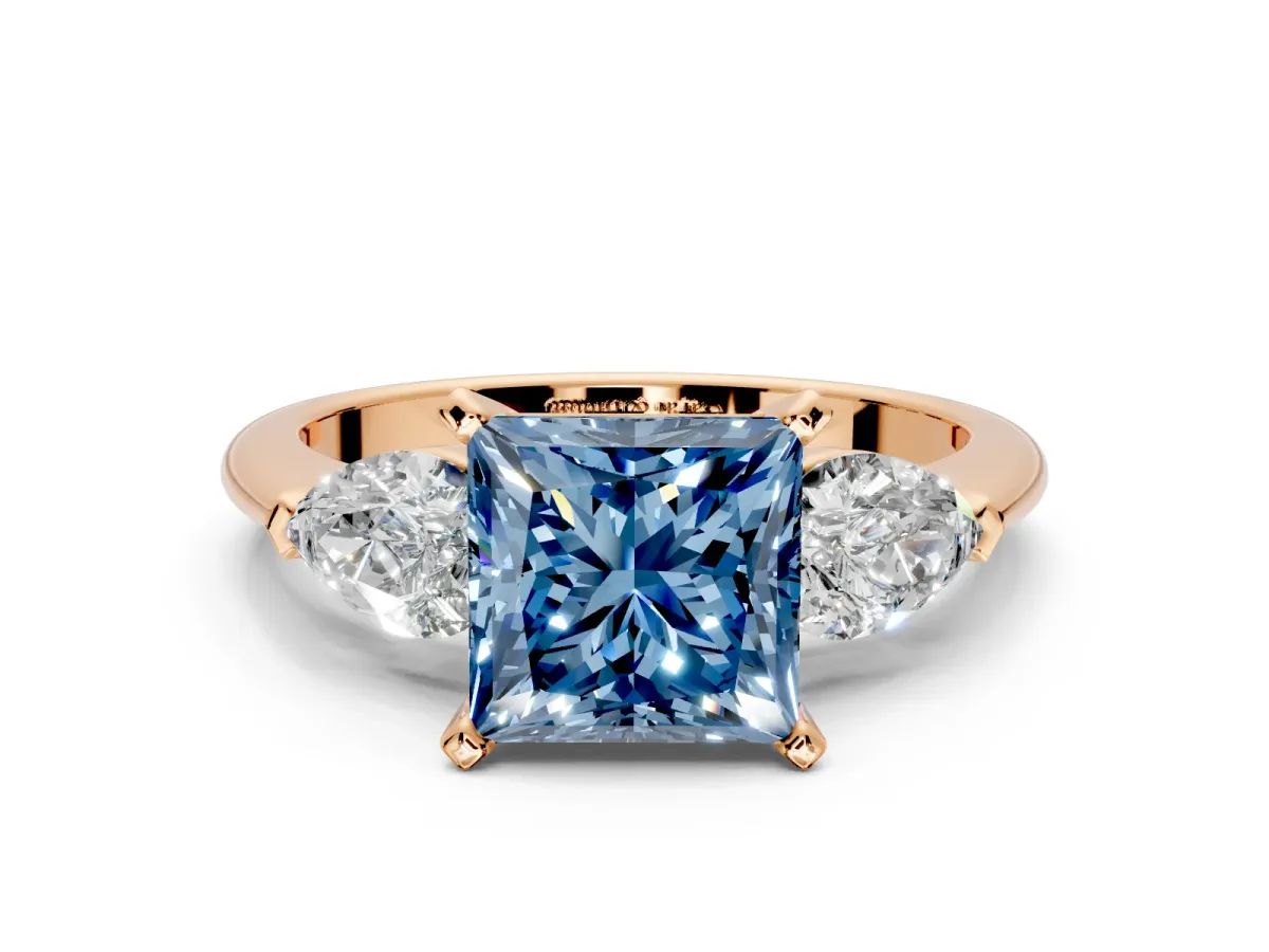 3 Stone Engagement Ring Setting for Fancy Blue Princess Cut Center with Large Pear-Shaped Accents and Prong Head in Rose Gold