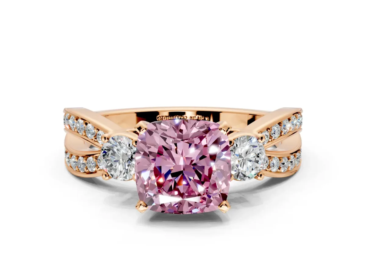 3 Stone Engagement Ring Setting for Fancy Pink Cushion Cut Center with Pave Twist Band and Prong Head in Rose Gold