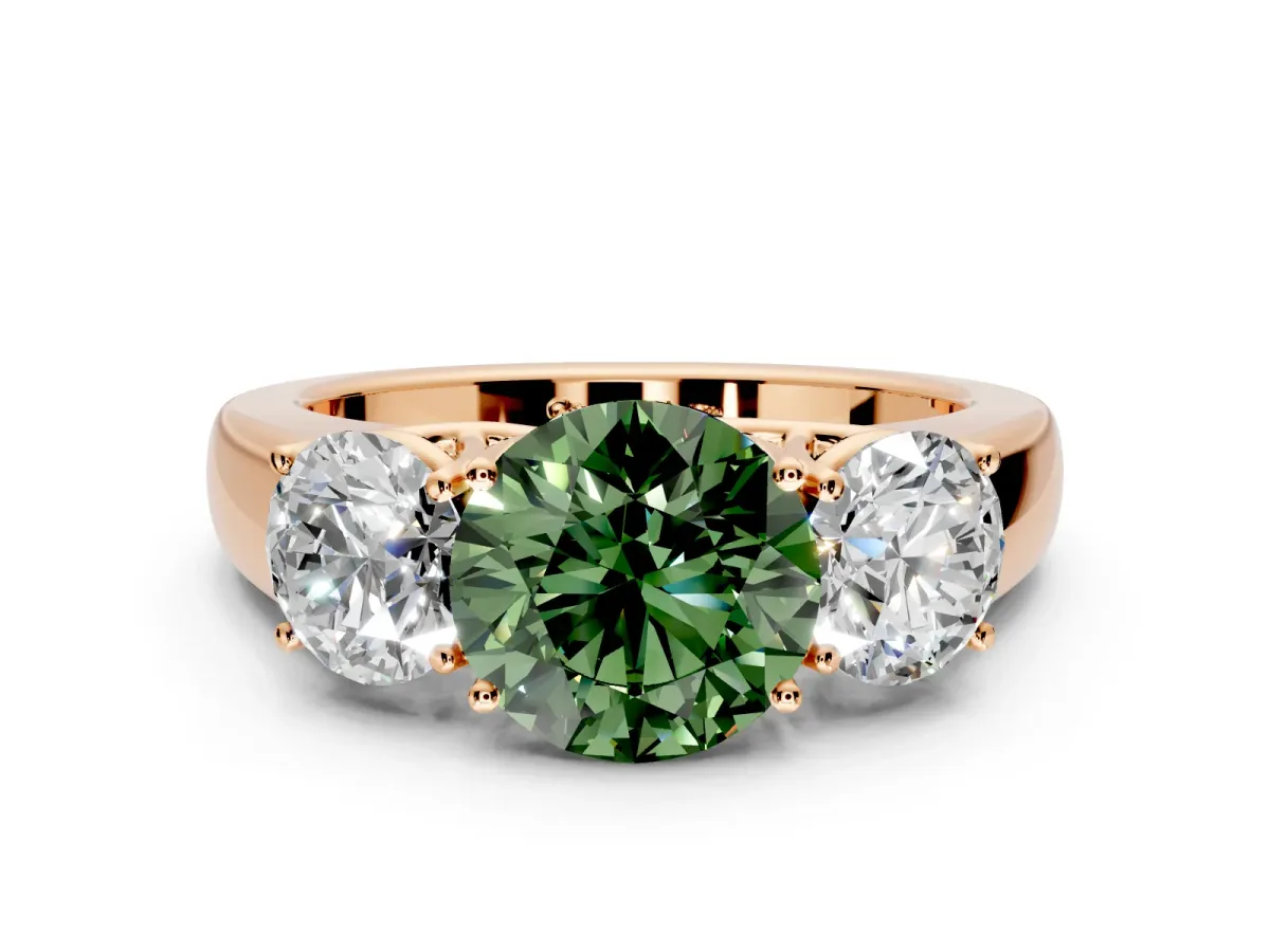 3 Stone Engagement Ring Setting for Fancy Green Round Cut Center with Raised Basket Heads and Prong Head in Rose Gold