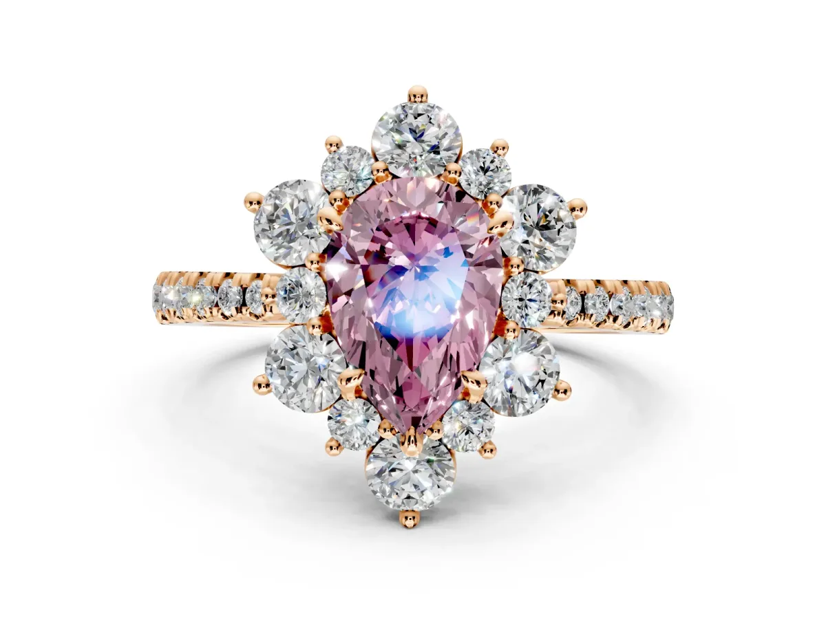 Floral Halo Engagement Ring Setting for Fancy Pink Pear-Shaped Center with Pave Accents and Prong Head in Rose Gold