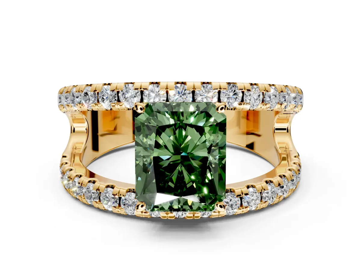 Solitaire Engagement Ring Setting for Fancy Green Radiant Cut Center with Wide-Open Split Shank and Prong Head in Yellow Gold