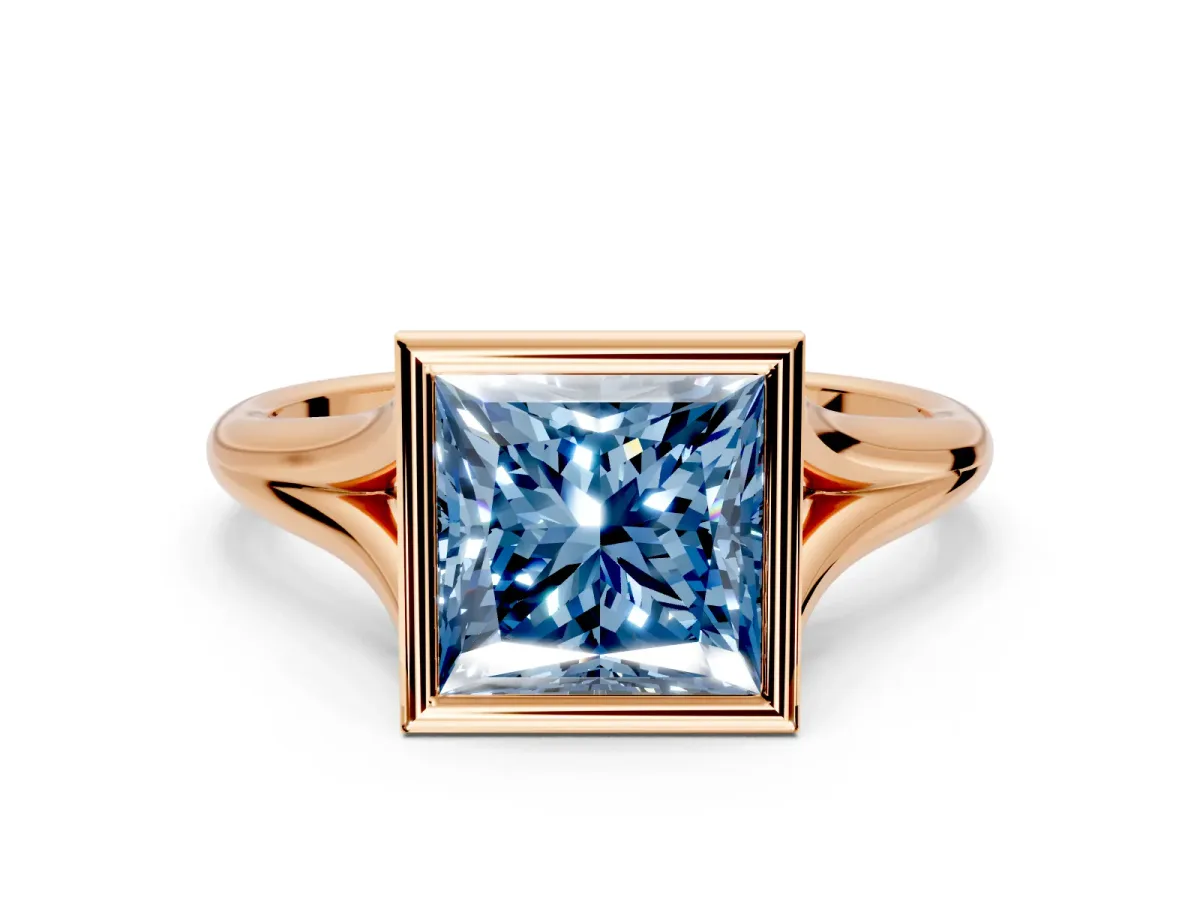 Solitaire Engagement Ring Setting for Fancy Blue Princess Cut Center with V Split Shank and Bezel Head in Rose Gold