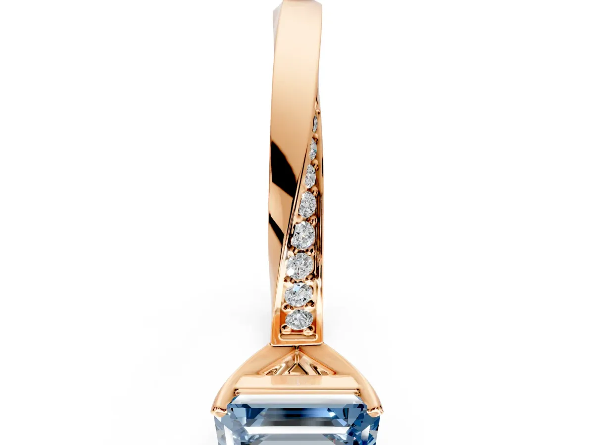 Side Accent Engagement Ring Setting for Fancy Blue Emerald Cut Center with Accent Shoulders and Prong Head in Rose Gold