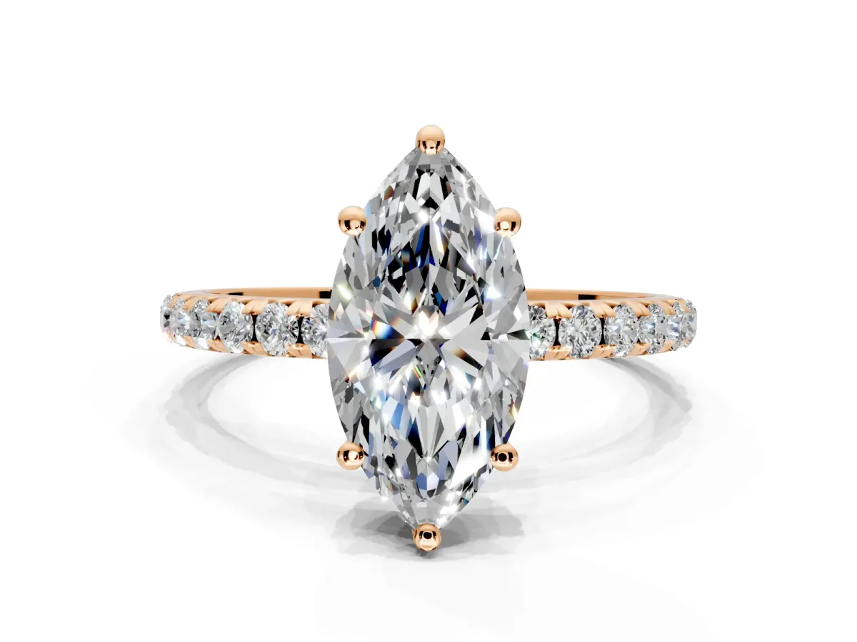 Solitaire Engagement Ring Setting for Marquise Center with Micro Pave Band and Prong Head in Rose Gold
