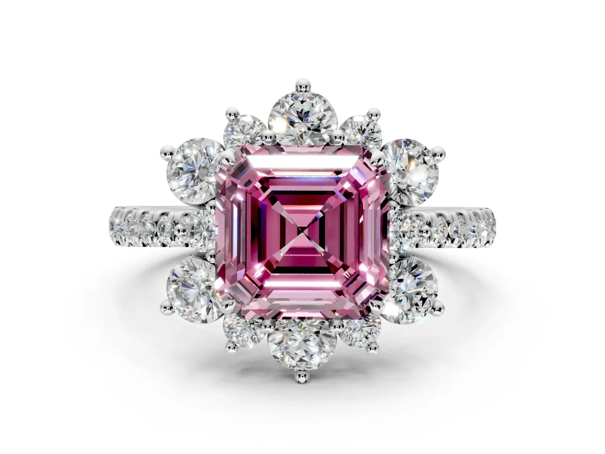 Floral Halo Engagement Ring Setting for Fancy Pink Asscher Cut Center with Pave Accents and Prong Head in Sterling Silver