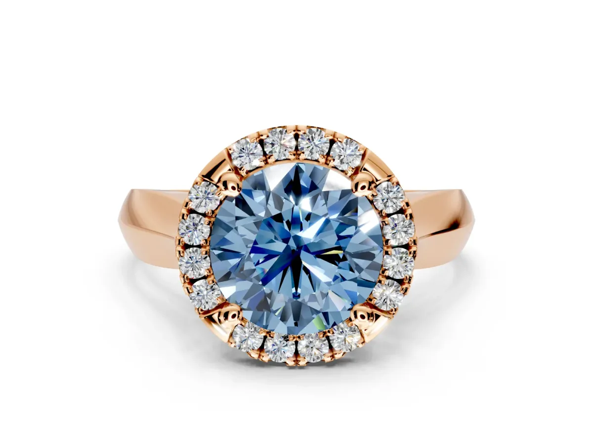 Halo Engagement Ring Setting for Fancy Blue Round Cut Center with Square Band and Prong Head in Rose Gold