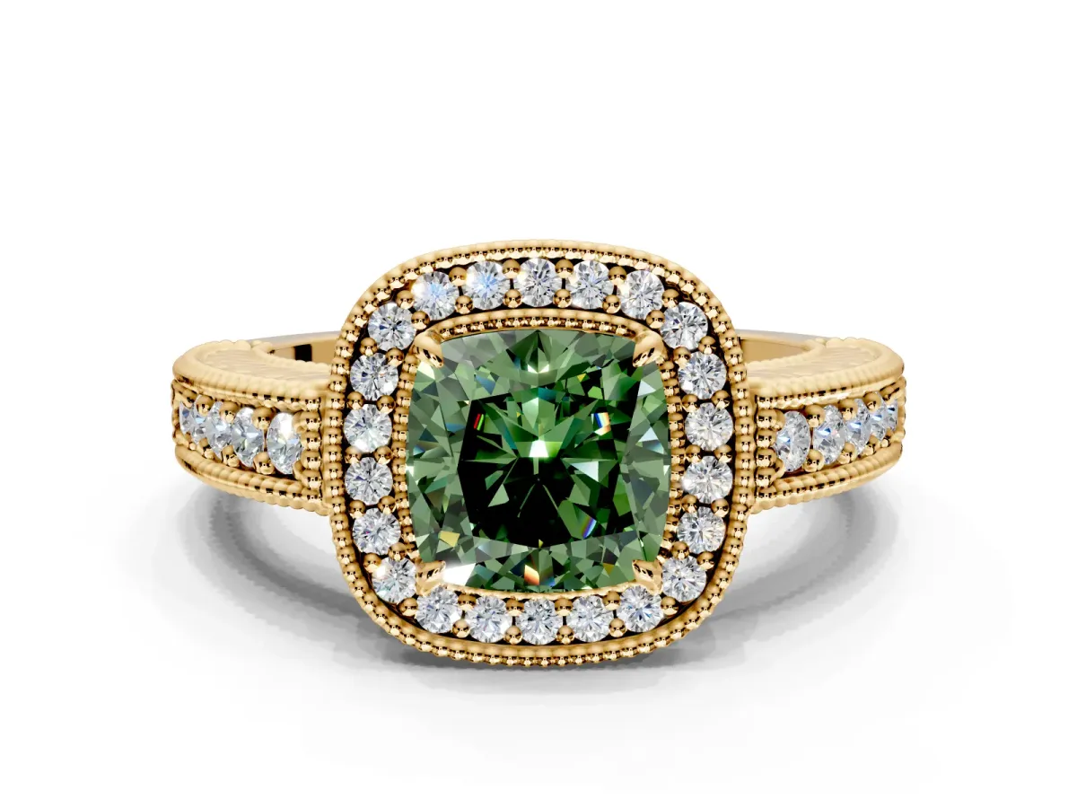 Milgrain Halo Engagement Ring Setting for Fancy Green Cushion Cut Center with Pave Band and Prong Head in Yellow Gold