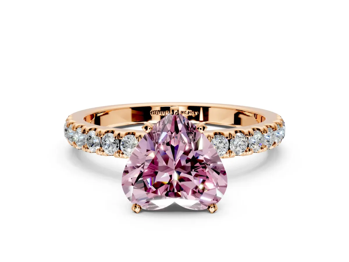 Open Basket Engagement Ring Setting for Fancy Pink Heart-Shaped Center with Pave Band and Prong Head in Rose Gold