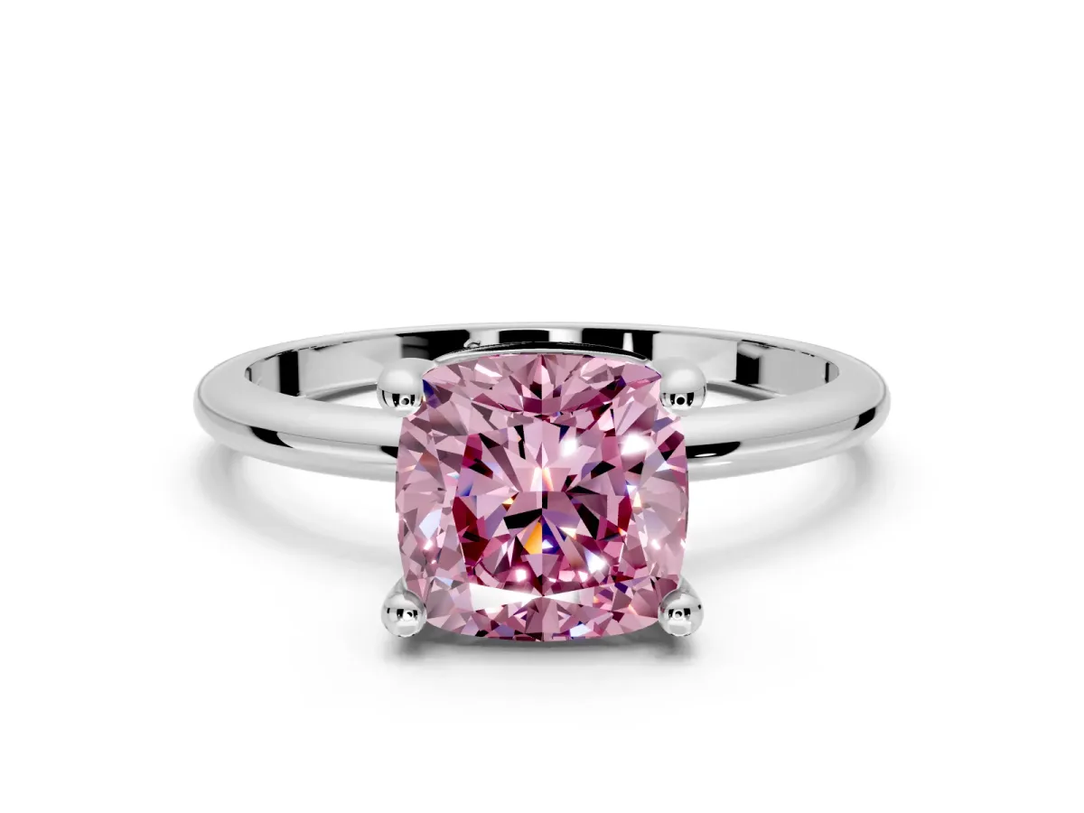 Minimalist Solitaire Engagement Ring Setting for Fancy Pink Cushion Cut Center with Thin Band and Prong Head in White Gold