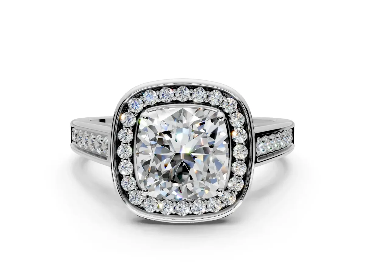 Halo Engagement Ring Setting for Cushion Cut Center with Outer Bezel Rim, Pave Band and Prong Head in Sterling Silver