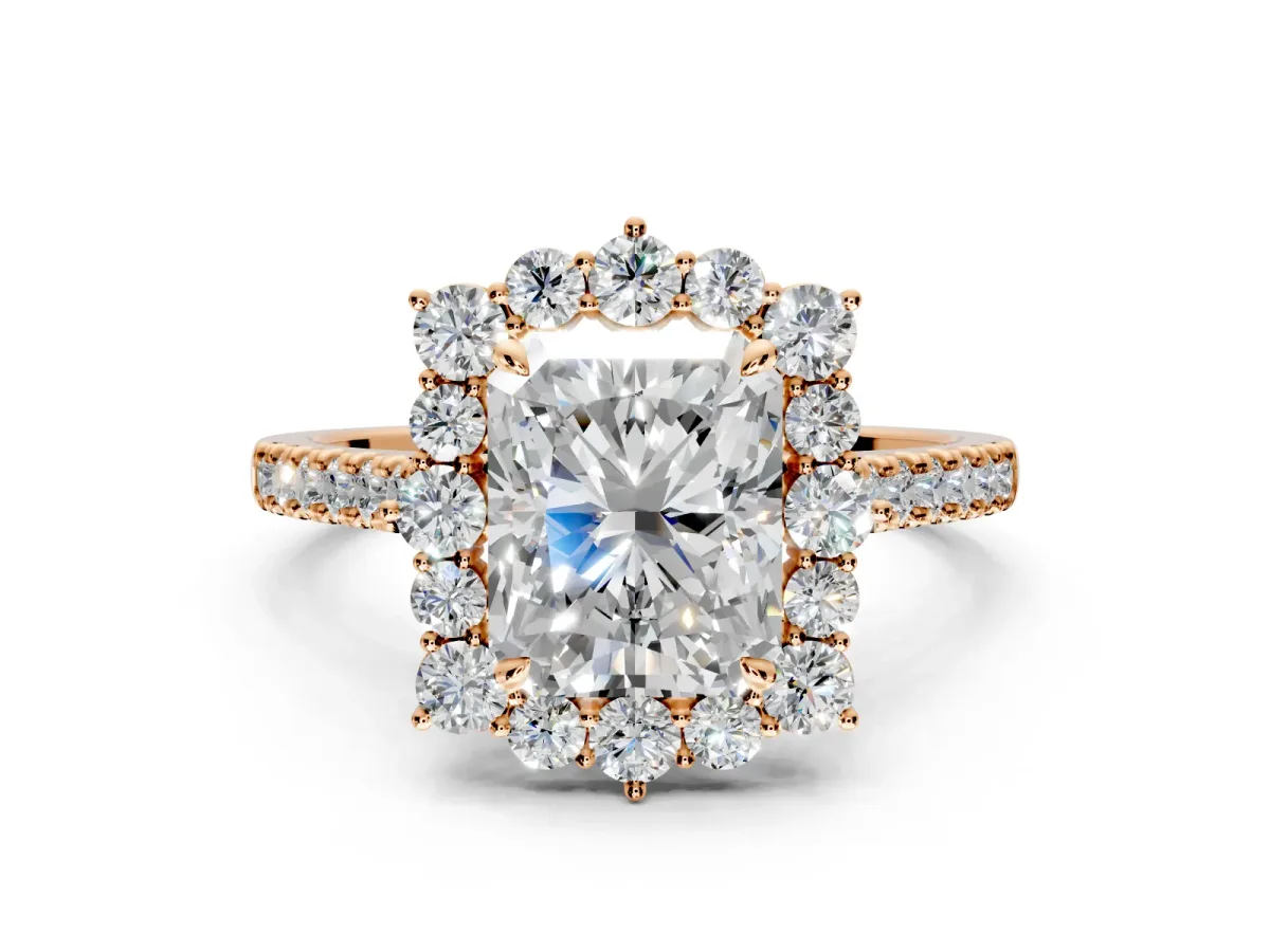 Halo Engagement Ring Setting for Radiant Cut Center with Single-Row Pave, Open Basket and Prong Head in Rose Gold