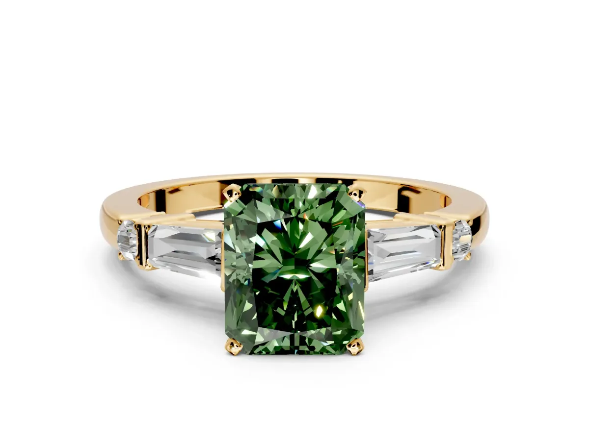 Bar-Set Engagement Ring Setting for Fancy Green Radiant Cut Center with Tapered Baguette Accents and Prong Head in Yellow Gold